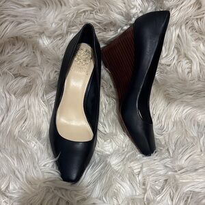 Vince Camuto Diletta Black Leather Wedge Pumps with Brown Wood-Tone Heel